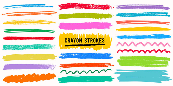 Crayon line highlight scribble box text underline set in bright red blue green yellow pink and purple on white background. Crayon line highlight strokes in rough texture