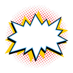 Fototapeta premium Comic starburst shape with blank center, burst with yellow rays and red halftone dots in retro pop art vector style. Starburst shape burst sticker for promo banners and sale labels