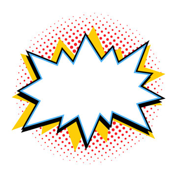 Comic starburst shape with blank center, burst with yellow rays and red halftone dots in retro pop art vector style. Starburst shape burst sticker for promo banners and sale labels