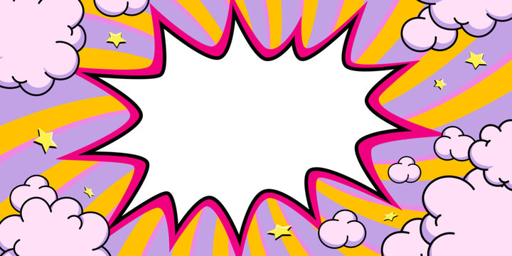 comic banner with starburst pink text box and blank center over purple and yellow radial background with clouds and small stars in pop art style.