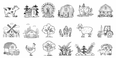 A collection of hand drawn farm elements including animals buildings and plants © Anik