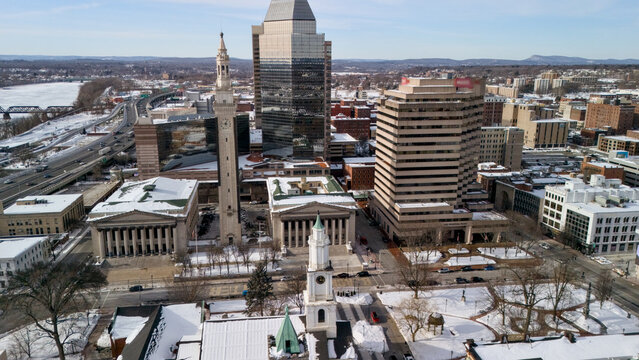Springfield Massachusetts winter downtown skyline aerial view with tower