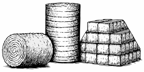 Sketch of stacked hay bales in various forms rustic agricultural scene © Anik