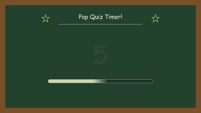 Pop Quiz Timer countdown on green chalkboard with progress bar. Animated five second timer for educational content.