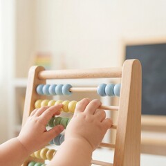Child playing with wooden abacus in bright indoor setting  
