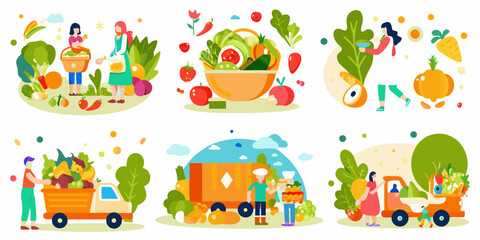 Obraz premium Colorful illustration showcasing healthy food farmers and vibrant market scenes