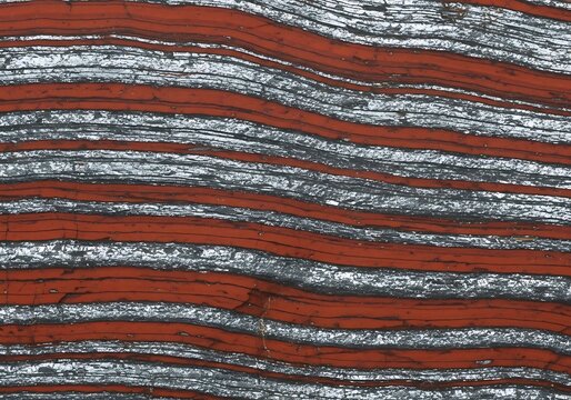 Macro Detail of Banded Iron Formation with Red and Silver Layers