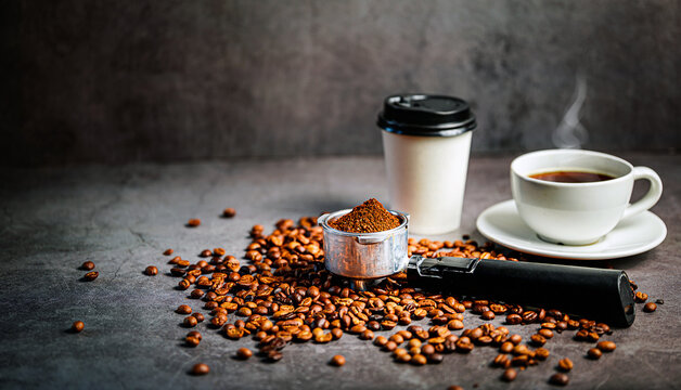 Freshly ground coffee in portafilter with roasted coffee beans and takeaway cup and coffee cup