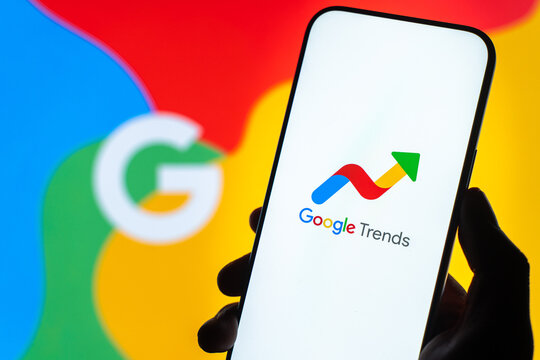 Google Trends logo is displayed on the screen of a smartphone, in Bangalore, India, on February 28, 2026
