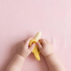 Baby hands holding plastic toy banana on pink background  