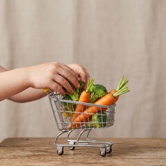 Child placing fresh vegetables in shopping cart on wooden table  
