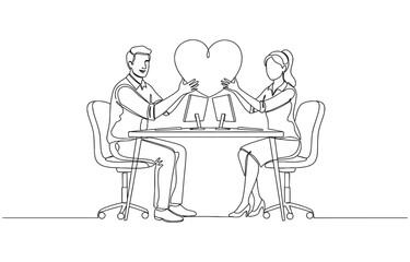 Fototapeta premium Continuous one line drawing of male and female employees making.