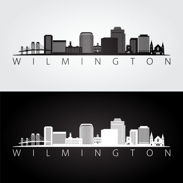 Wilmington, DE skyline and landmarks silhouette, black and white design, vector illustration.  