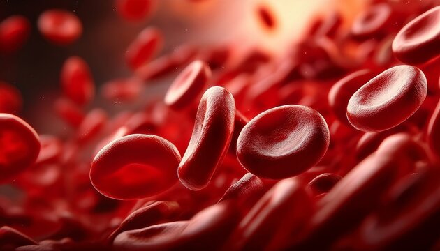 A close-up image of red blood cells in a flowing bloodstream, showing their biconcave shape
