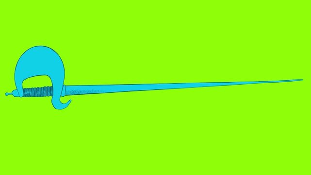 Self drawing cartoon rapier on green screen. Cold weapon sketch for fencing concept. Stock 4K animation element for overlay.