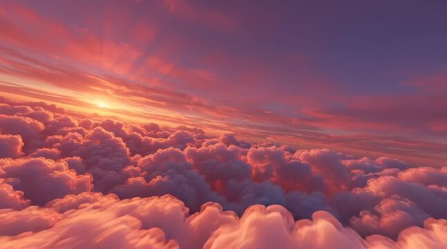 Flying smoothly above thick beautiful pink and purple cumulus clouds during bright sunset.