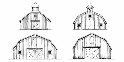 Four sketches of traditional barns with varying roof styles © Anik