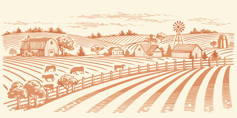 Obraz premium A vintage illustration depicts a peaceful rural farm landscape with cattle