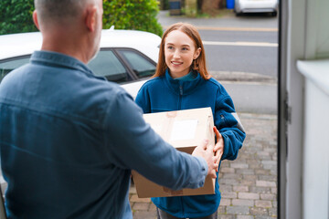 Delivery person hands a package to a young woman at a home entrance during the day
