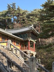 Obraz premium Scenic View of Traditional Korean Temple Nestled in Pine Tree Forest