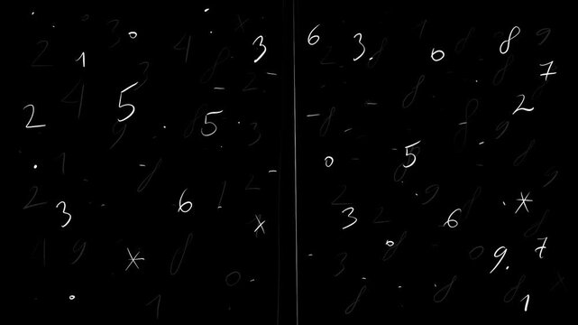 Dynamic changing numbers drawn with white line on black background. Doodle countdown animation for overlay.