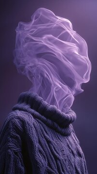 Person wearing a purple knitted sweater with their head made entirely of swirling smoke.