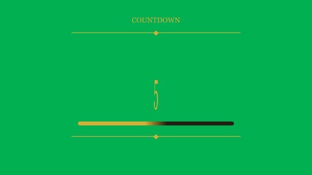Countdown timer with progress bar on green screen. Animated five-second countdown with gold numbers and loading bar.
