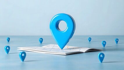 Blue map pins on open map, symbolizing location, navigation and travel with copy space
