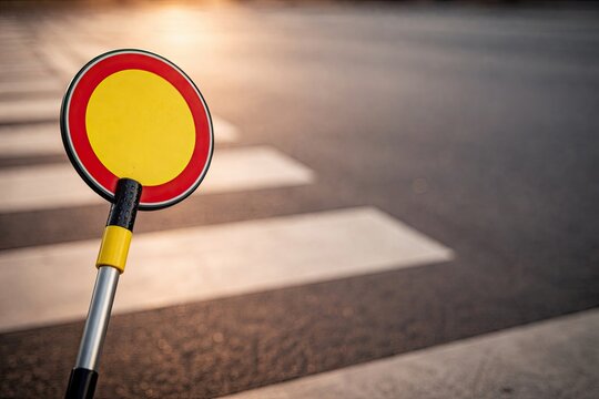 Lollipop lady urban street safety crossing guard holding stop sign at pedestrian crosswalk during sunrise city traffic control scene
