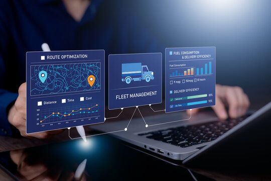 Digital fleet management and logistics analytics interface showing route optimization, delivery performance monitoring and supply chain efficiency using smart transportation technology.