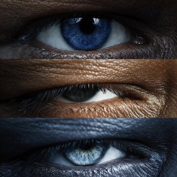 Three diverse human eyes blinking sequentially inside stacked vertical macro layout composition.