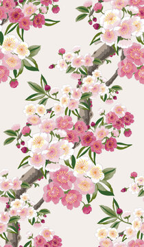 Plum blossoms in full bloom on branches. Vector illustration of a seamless pattern