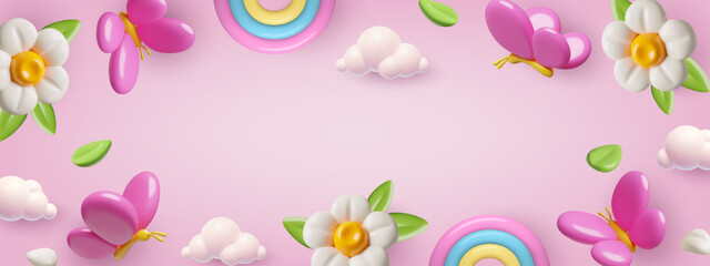Children background in cute 3d style with pink, girly spring and summer elements - flowers, butterflies, clouds and rainbows. Vector illustration. © Anastasiia