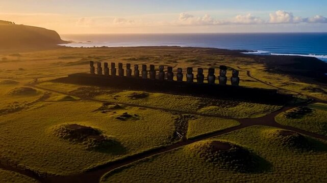 Majestic Moai Statues on Easter Island at Sunrise Aerial Drone Footage