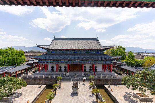 Main pavilion at Mufu Palace in Lijiang old town, China