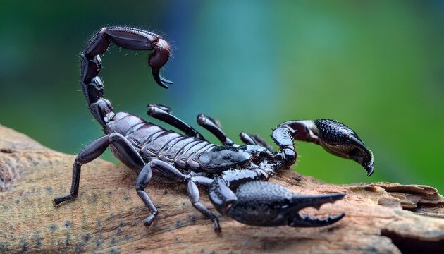 Asian forest scorpion -Heterometrus spinifer- closeup on wood, Asian forest scorpion closeup 5