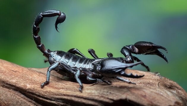 Asian forest scorpion -Heterometrus spinifer- closeup on wood, Asian forest scorpion closeup 4