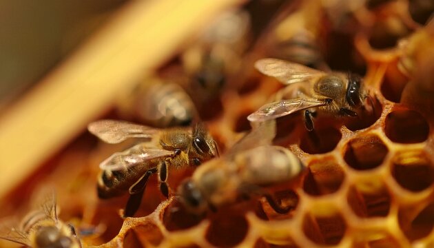 Bees swarming on honeycomb, extreme macro footage. Insects working in wooden beehive 7