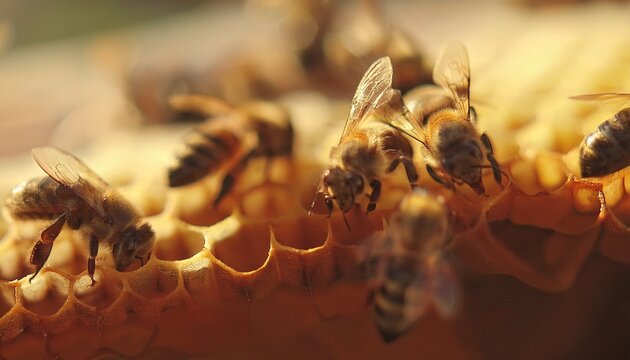 Bees swarming on honeycomb, extreme macro footage. Insects working in wooden beehive 6