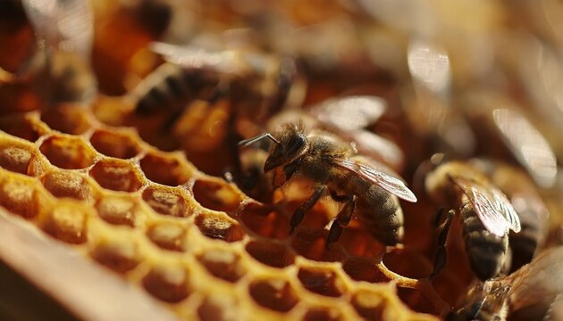Bees swarming on honeycomb, extreme macro footage. Insects working in wooden beehive 5