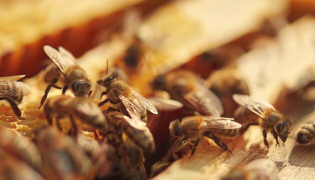 Bees swarming on honeycomb, extreme macro footage. Insects working in wooden beehive 4