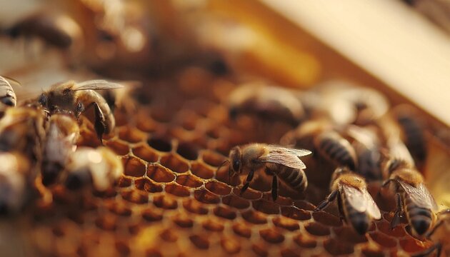 Bees swarming on honeycomb, extreme macro footage. Insects working in wooden beehive 3