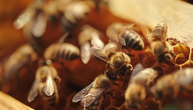 Bees swarming on honeycomb, extreme macro footage. Insects working in wooden beehive 2
