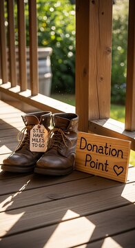 Donation Point - Boots and Sign on Wooden Porch.