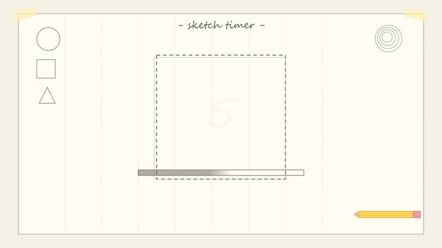 Sketching animation with progress bar and basic shapes. Includes circle, square, triangle, and pencil drawing. Created in minimalist line art style with light beige and gray palette.