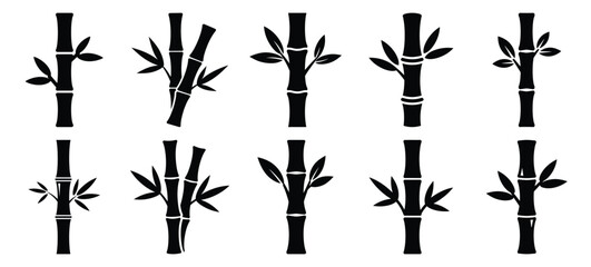 silhouette nature bamboo stalk drawing icons and set of graphics nature elements