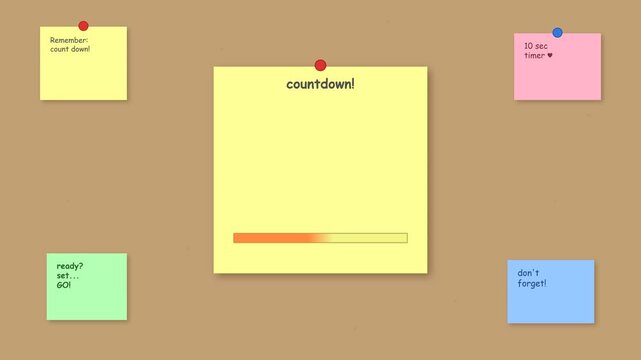 Countdown timer on yellow sticky note with progress bar, surrounded by four smaller sticky notes pinned to a brown board. The central note reads "countdown!" and shows an orange progress bar