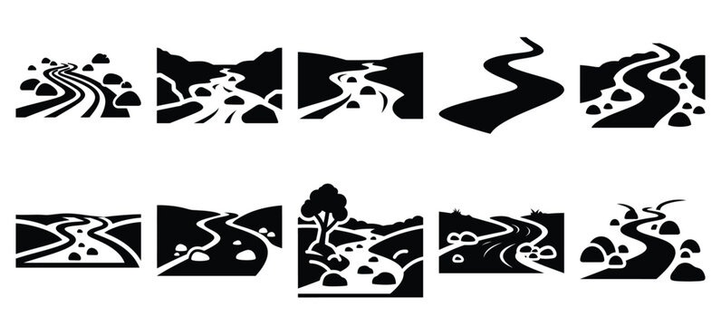 silhouette nature brook stream drawing icons and set of graphics nature elements