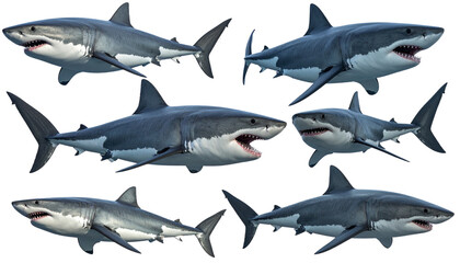 Megalodon shark illustrated from different angles, isolated on a transparent background, perfect for prehistoric, marine life, ocean, wildlife, and educational designs.