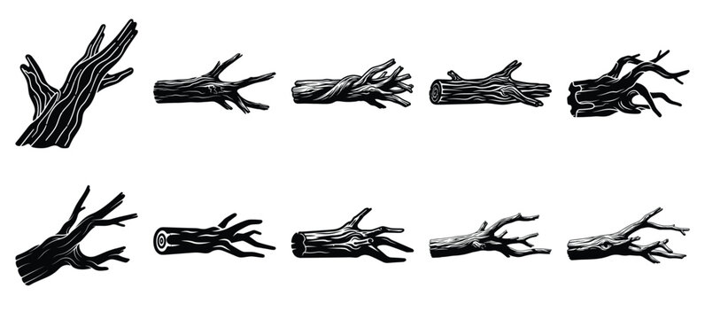 silhouette nature driftwood log drawing icons and set of graphics nature elements